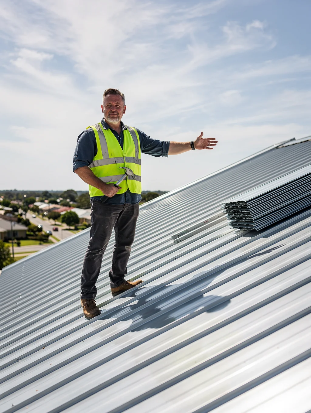 MetalLine Exteriors roofing specialist on ladder with metal roofing installation