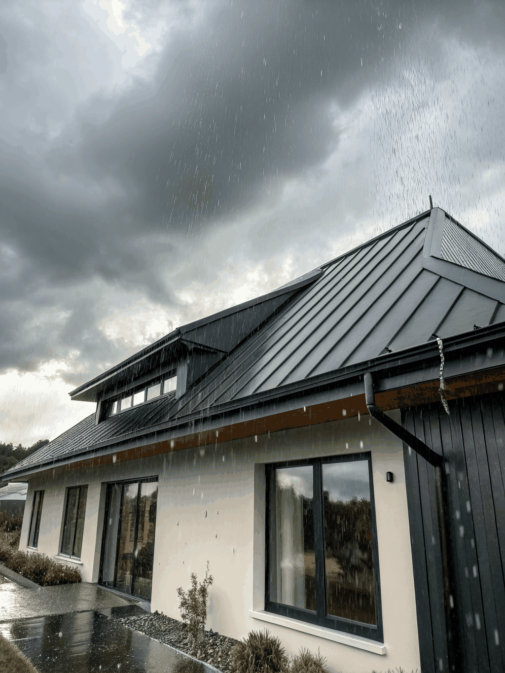 Modern slate-profile steel roofing on a luxury home