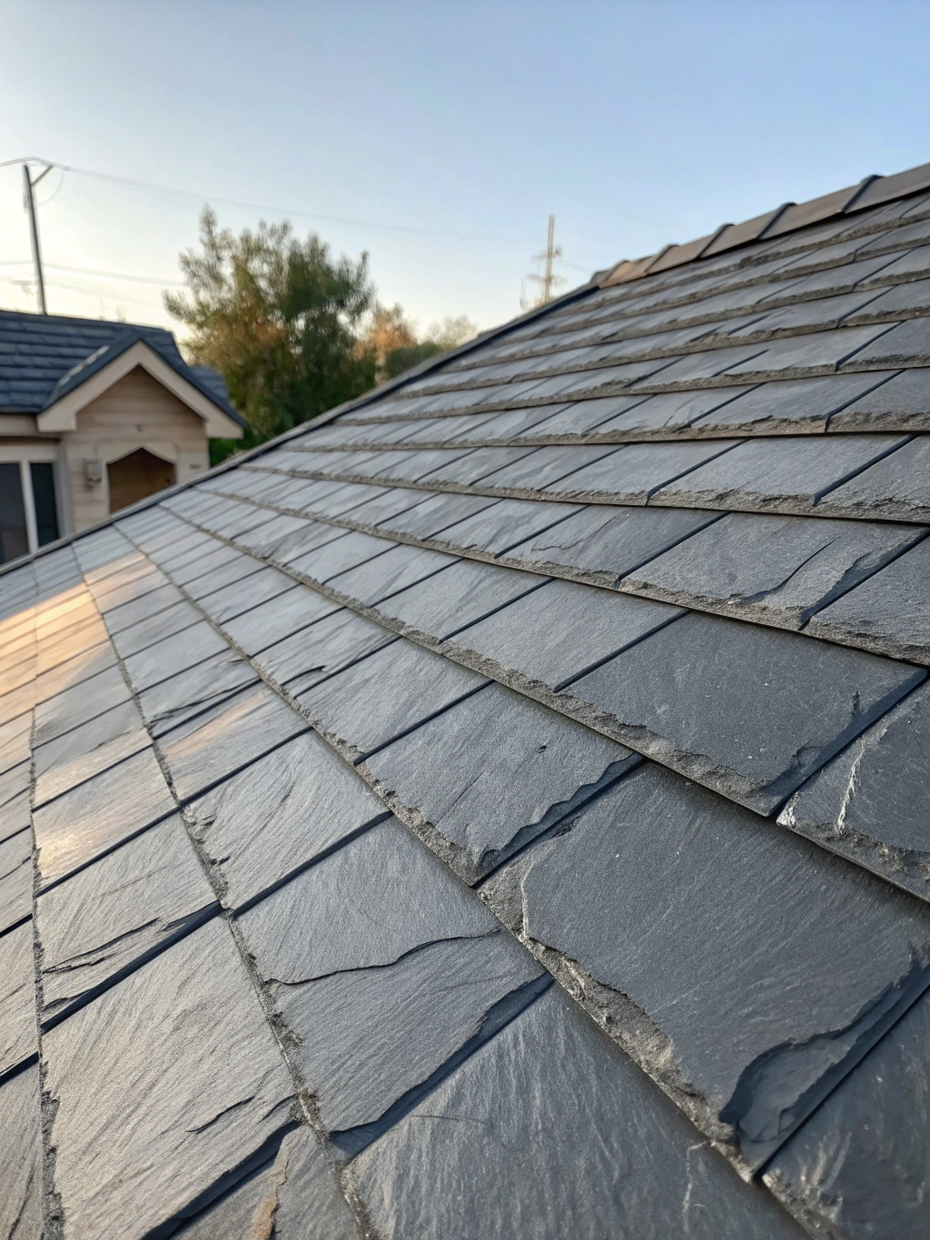 Stone-coated steel roofing tiles with a slate appearance
